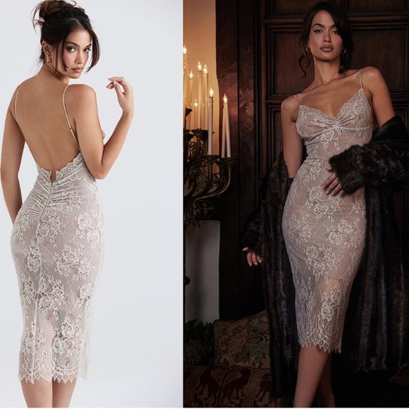 HOUSE OF CB 'Serelle' Antique Ivory Lace Midi Dress NWOT - Picture 6 of 13